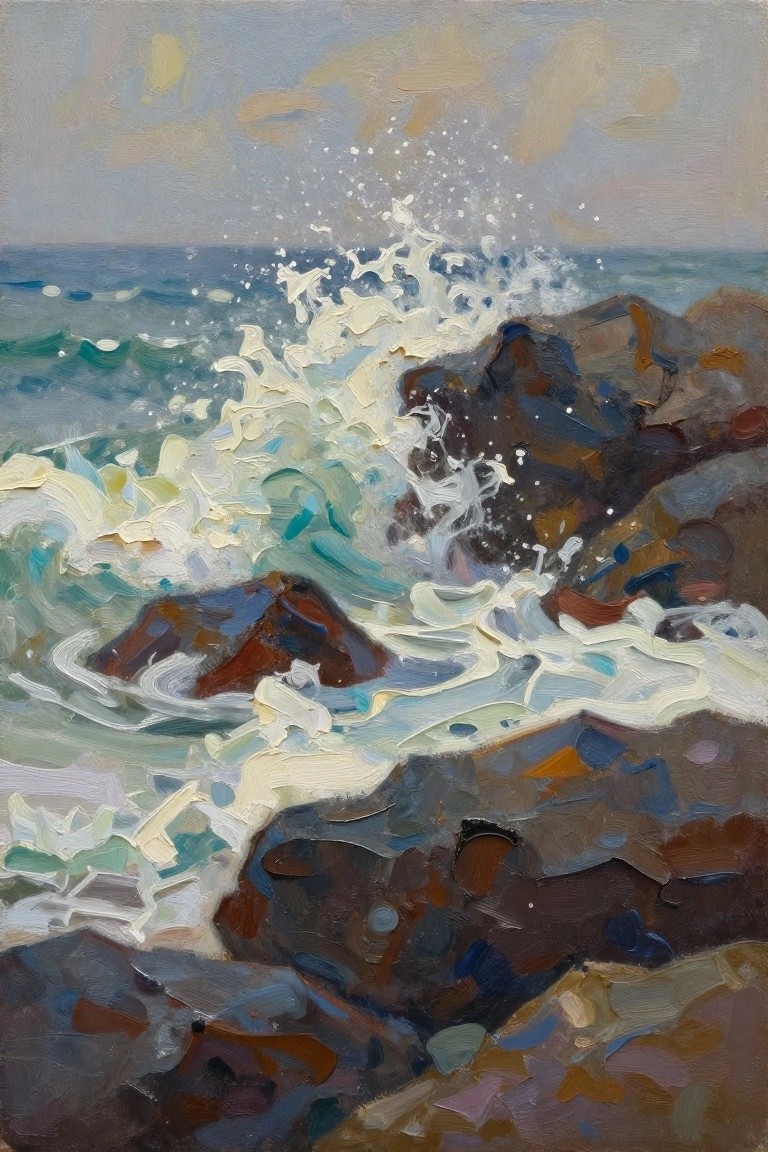 Oil painting depicting turquoise waves crashing with white foam on dark textured rocks by the sea under a cloudy sky.
