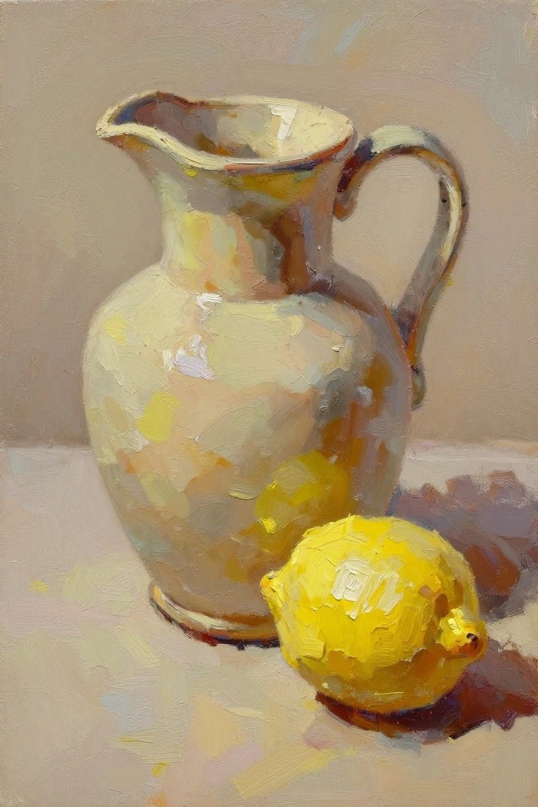 Oil painting of a beige ceramic pitcher beside a yellow lemon on a light surface with soft shadows.