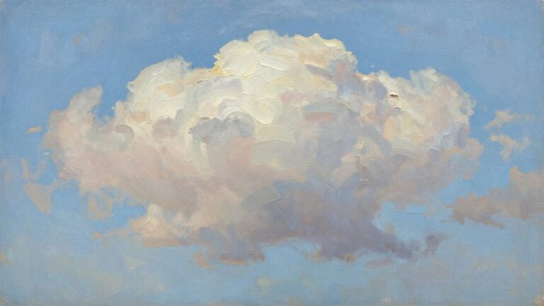 Oil painting of voluminous white clouds with yellow highlights floating in a blue sky.