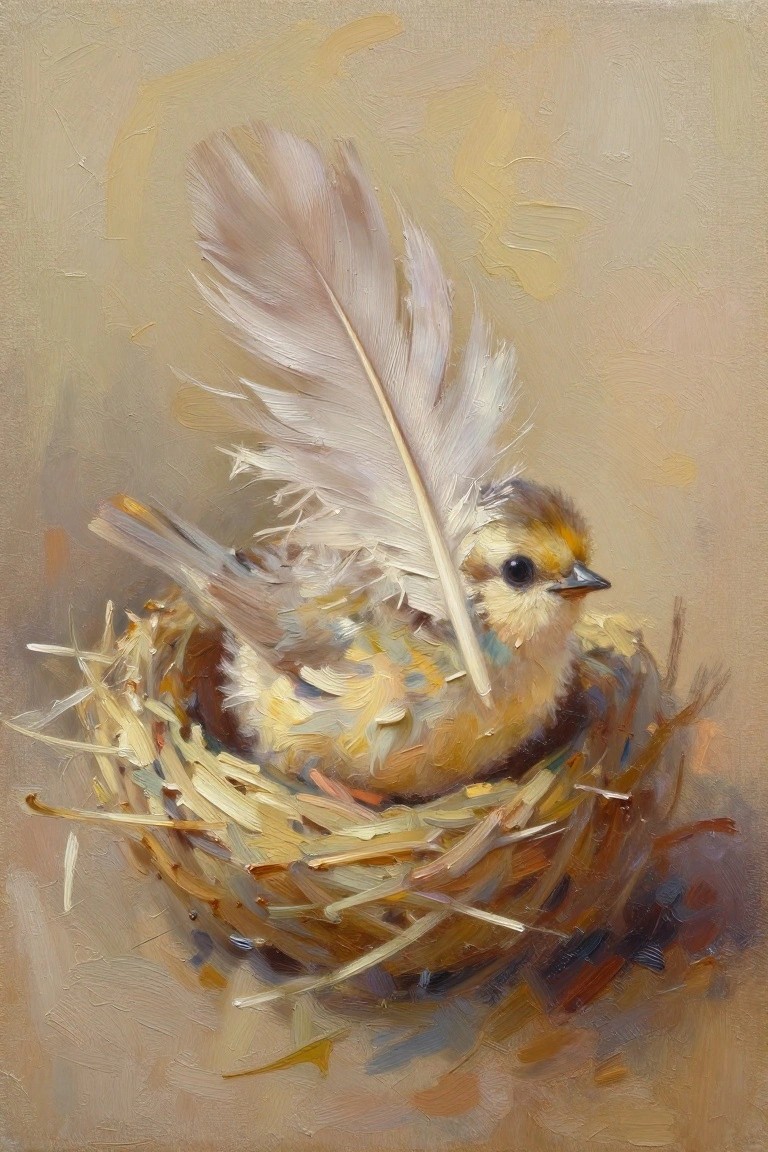 Oil painting of a fluffy chick with yellow and beige feathers in a twig nest, next to a large white feather on a neutral background.