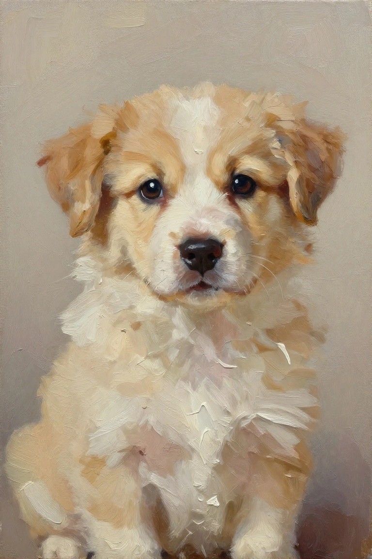Oil painting portrait of a fluffy golden and white puppy sitting against a neutral background.