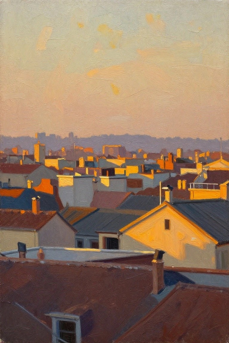 Oil painting of city rooftops and buildings viewed from above at golden hour, with warm sunlight on roofs against a gradient sky.