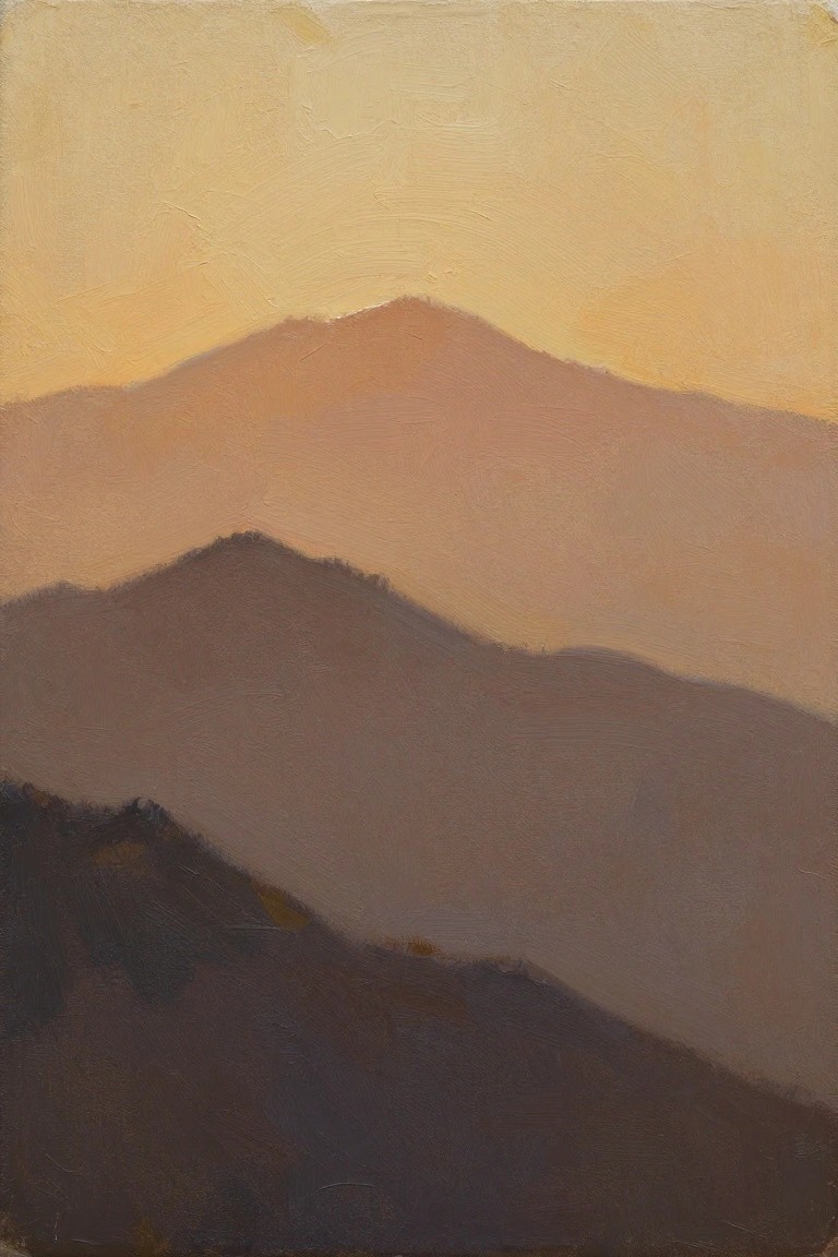 Oil painting of receding mountain layers in soft blended tones from warm orange at the top to cool gray and purple below.