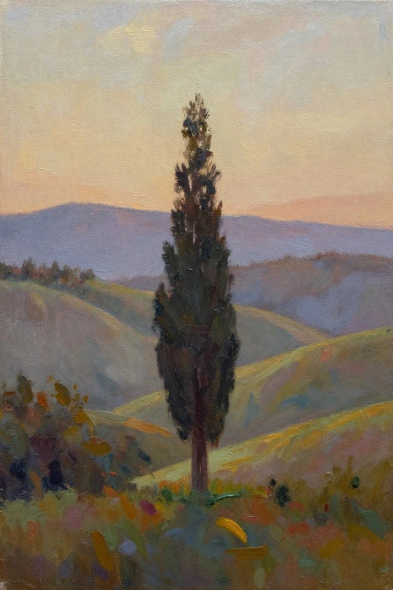 Oil painting of a tall dark cypress tree centered in rolling multicolored hills with distant mountains and a pastel sunset sky.