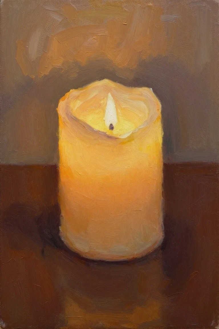 Oil painting of a lit yellow candle on a wooden table against a dark brown background.