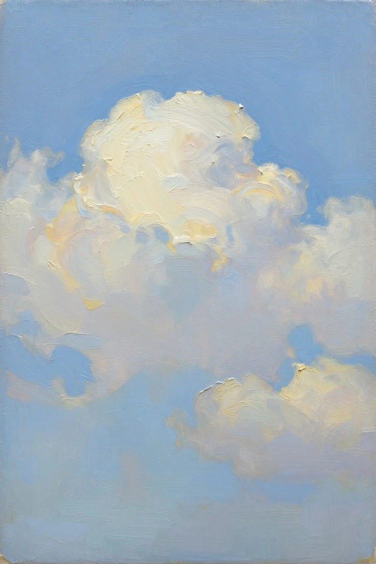 Oil painting of voluminous white clouds with yellow highlights floating in a blue sky.