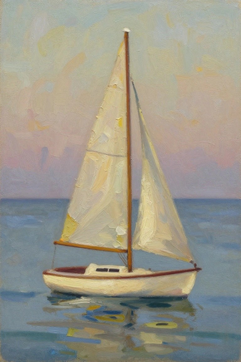 Oil painting of a small white sailboat with tan sails on calm blue water under a pink-blue twilight sky, with boat reflections below.