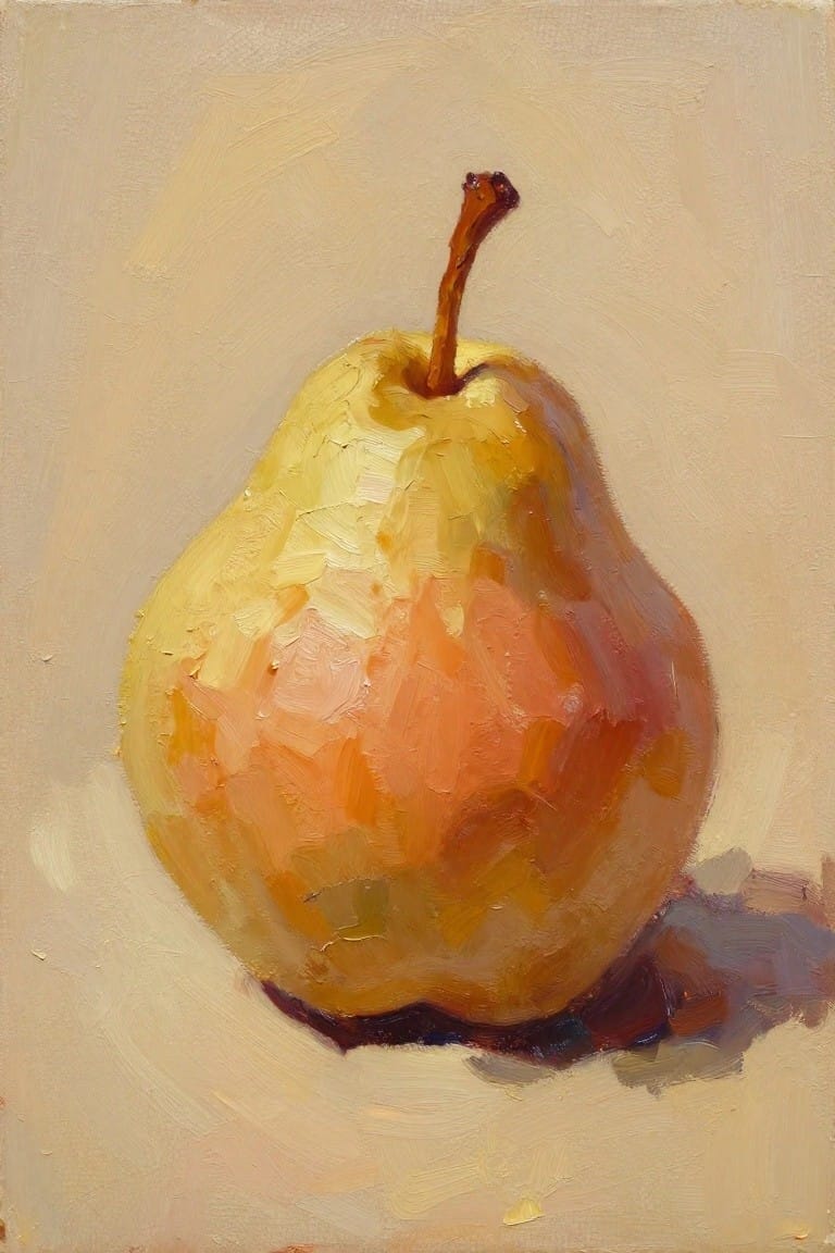 Oil painting of a yellow-orange pear centered on a beige background with soft brushwork and a subtle shadow.