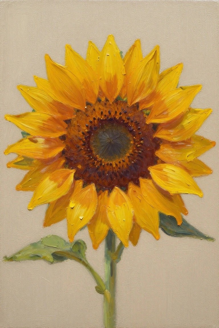 Oil painting of a single upright sunflower with green stem and leaf against a beige background.