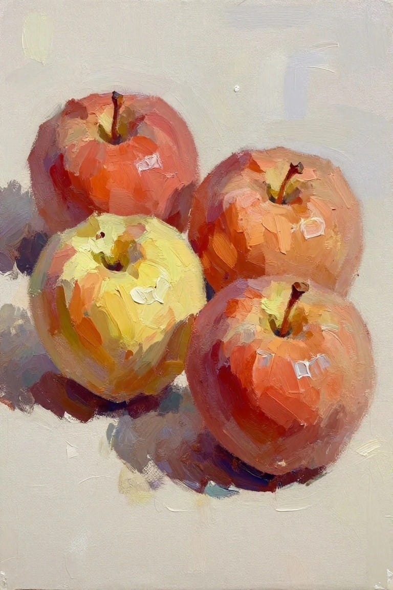 Oil painting of four apples in reds and yellow-green on a white background with textured brushwork and shadows.