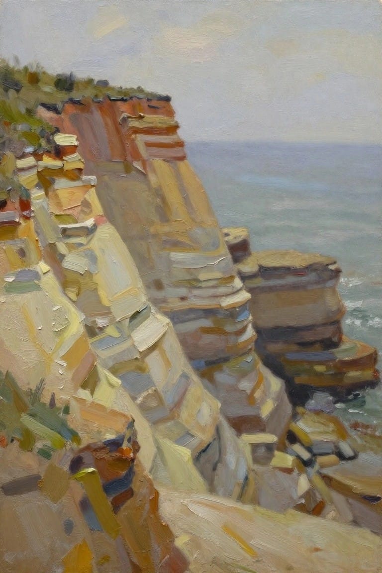 Oil painting of tall, layered orange-yellow cliffs with green tops overlooking a blue ocean under cloudy skies.