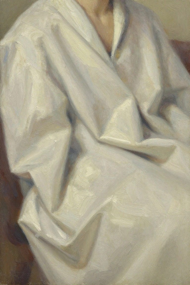 Oil painting close-up of a figure in flowing white fabric draped over shoulders and chest, emphasizing soft folds and shadows.