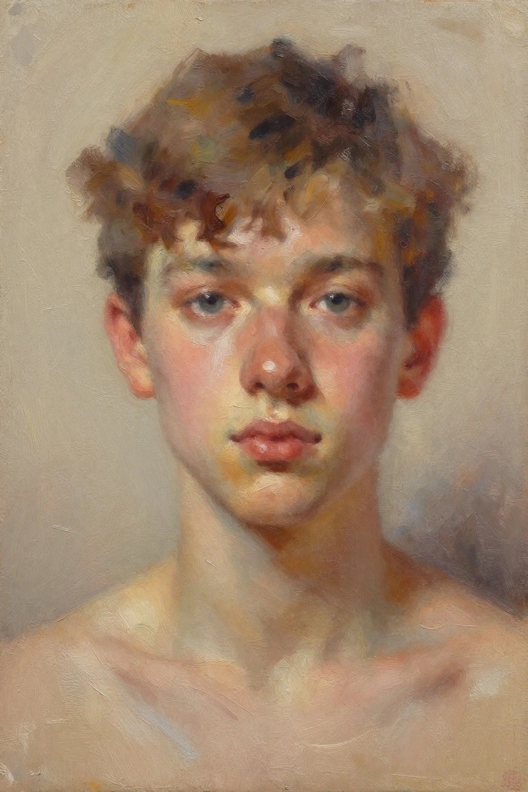 Oil portrait of a shirtless young boy with curly brown hair, blue eyes, and subtle skin glow against a beige background.