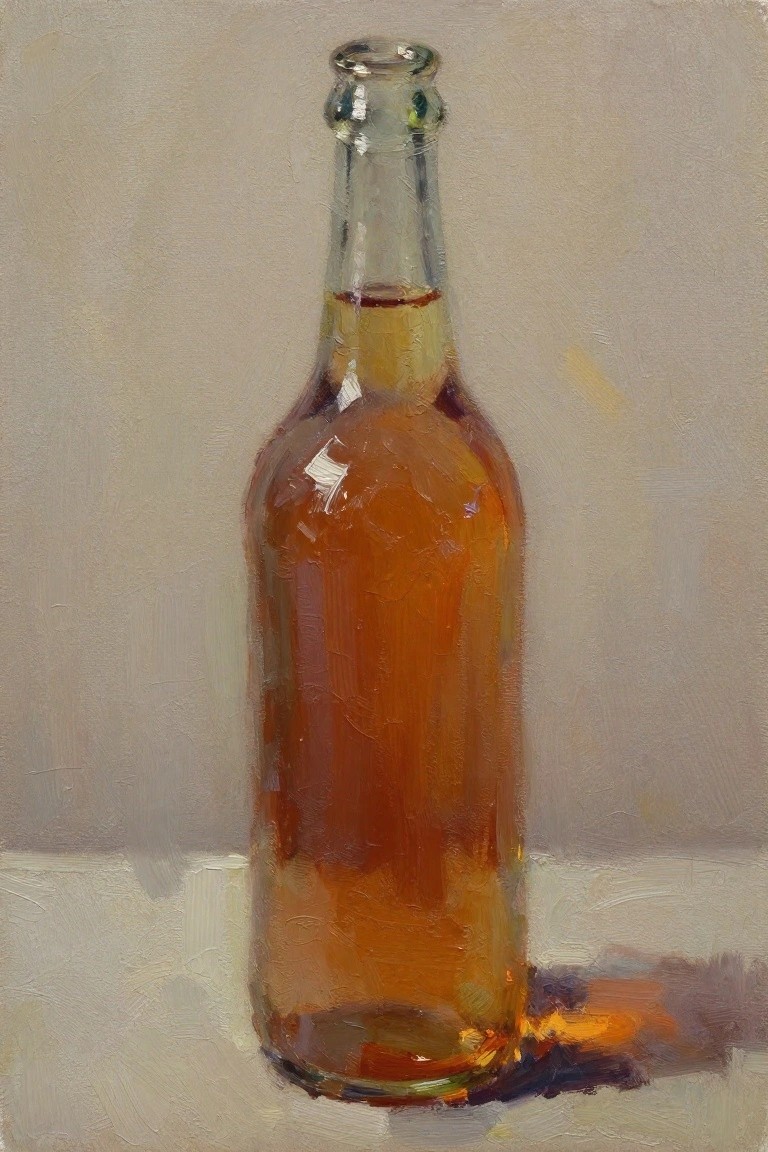 Oil painting of a tall clear glass bottle filled with amber liquid standing on a light surface with a soft shadow.