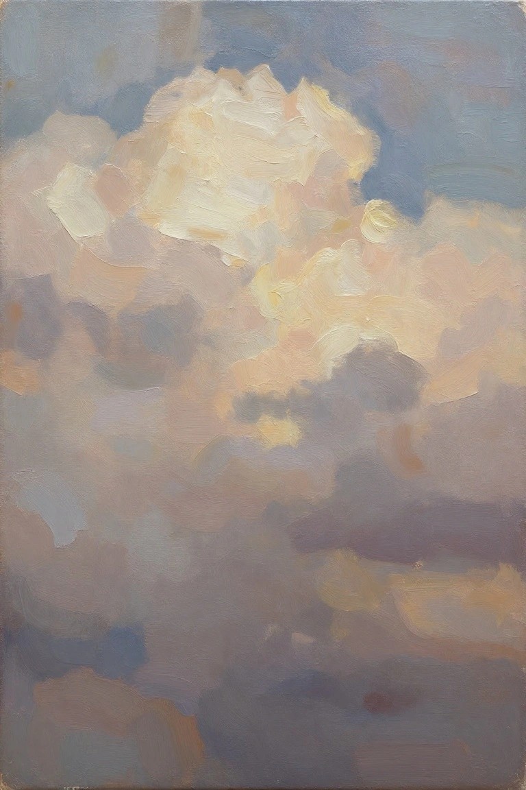 Oil painting of voluminous clouds in soft blues, grays, whites, and golden highlights on a textured canvas.