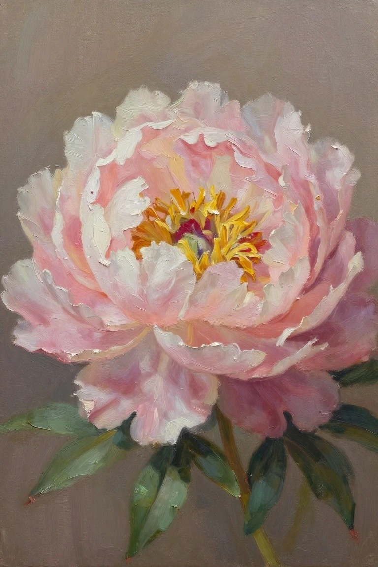 Oil painting of a large pink peony flower with layered petals, yellow center, green leaves, and muted gray background.