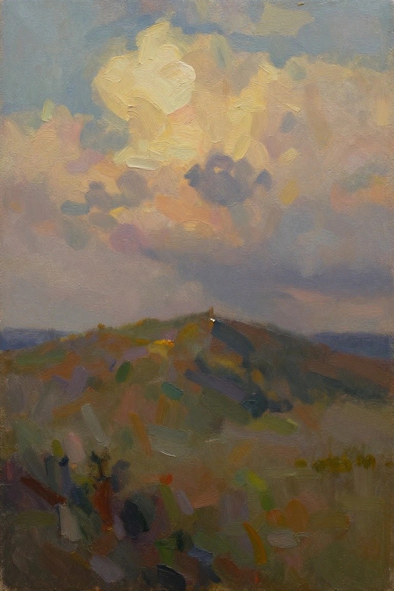 Impressionistic oil painting of a hill with colorful brushy vegetation under a vast cloudy sky with golden light breaking through.