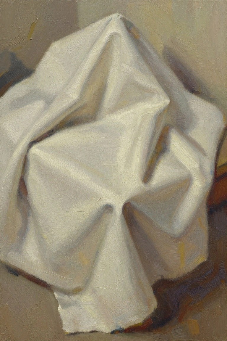 Oil painting of white folded and draped fabric on a beige surface against a neutral wall.