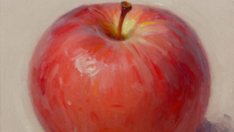 Oil painting of a single shiny red apple with stem on a white background and cast shadow.