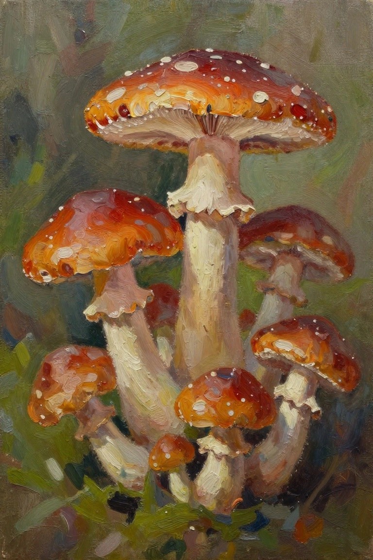 Oil painting of a cluster of red fly agaric mushrooms with white spots on orange-red caps, white stems, and green mossy background.