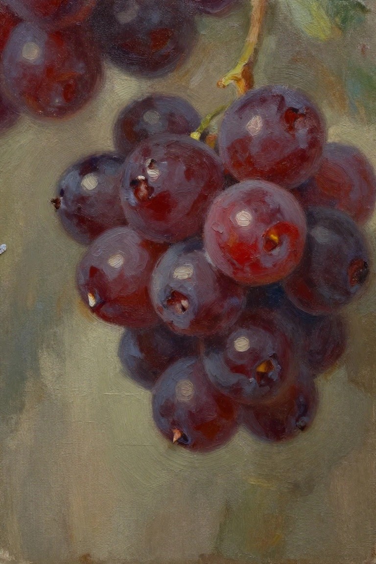 Oil painting of a tight cluster of dark purple grapes on a stem with leaves against a soft beige background.