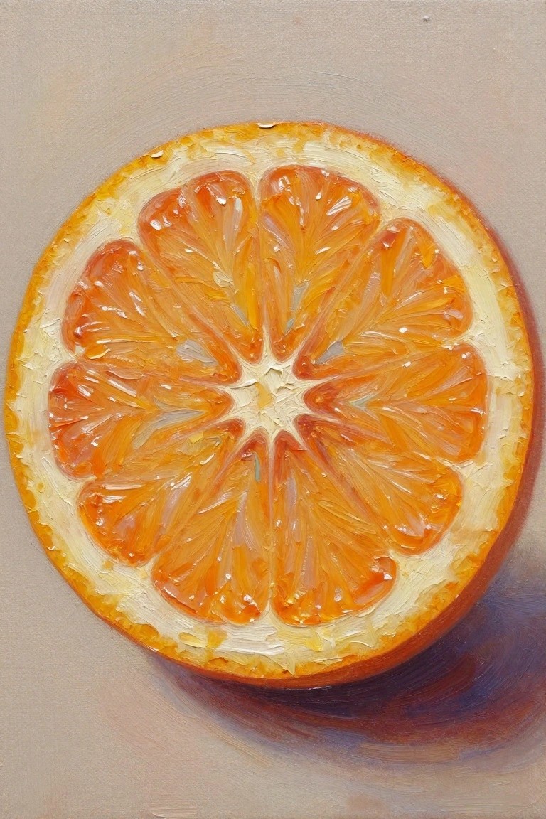 Oil painting of a halved orange cut open to show juice-filled segments on a neutral background.