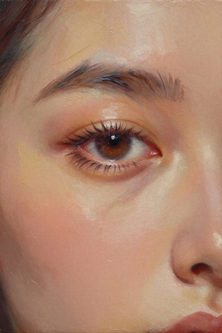 Oil painting close-up of a woman's right eye with brown iris, long lashes, smooth cheek skin, nose tip, and partial lips.
