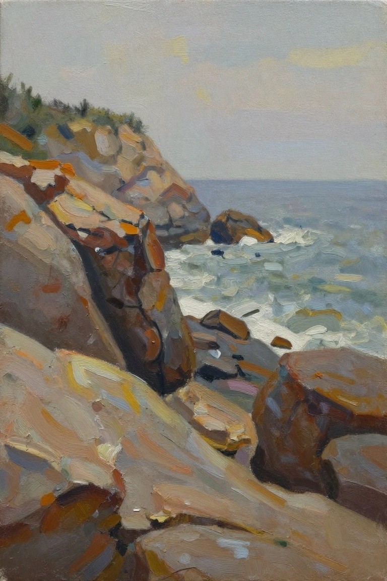 Oil painting of textured orange and brown rocks along a coastal cliff edge with crashing ocean waves, distant sea, and cloudy sky.