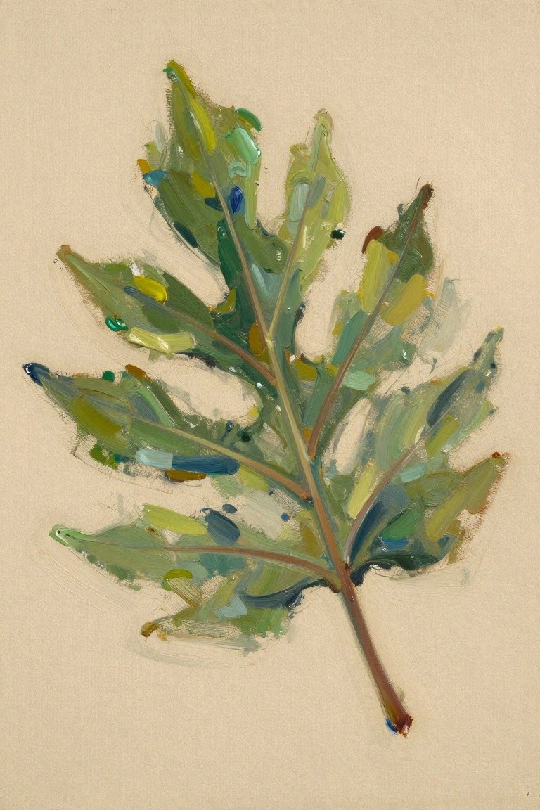 Oil painting of a lobed green leaf with textured multicolored brushstrokes on a beige background.
