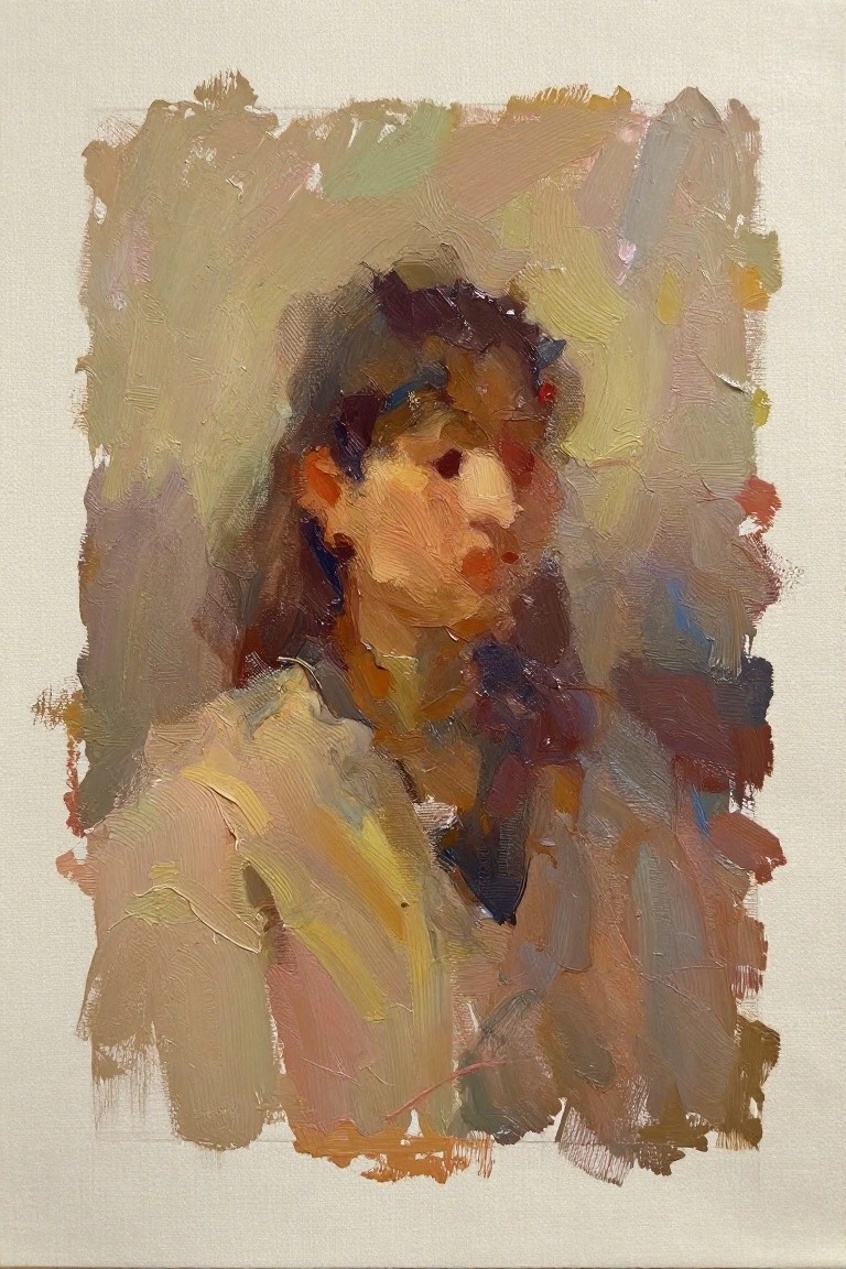 Oil painting of a person's head and shoulders with loose impressionistic brushwork in warm earth tones and textured background.