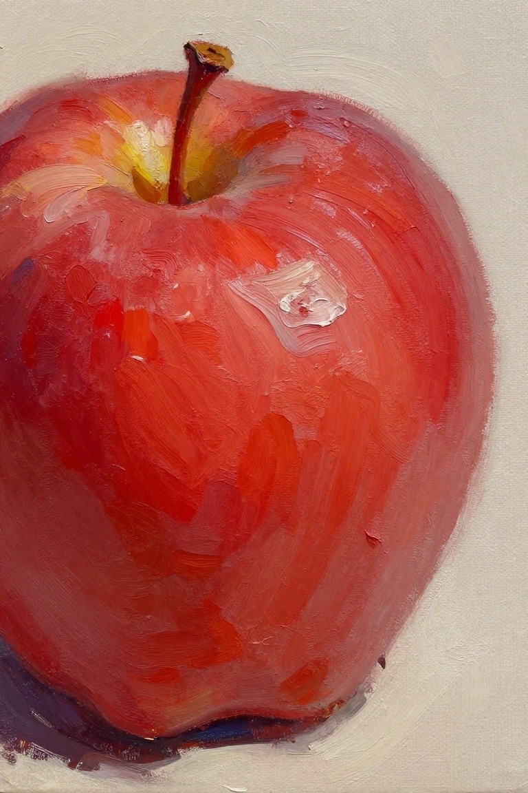 Oil painting of a single shiny red apple with stem on a white background and cast shadow.