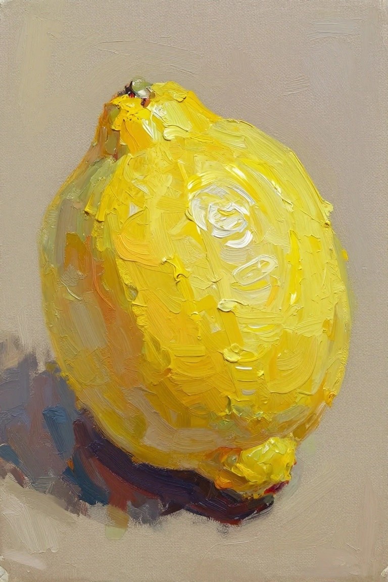 Oil painting of a textured yellow lemon on a neutral beige background with subtle shadows.