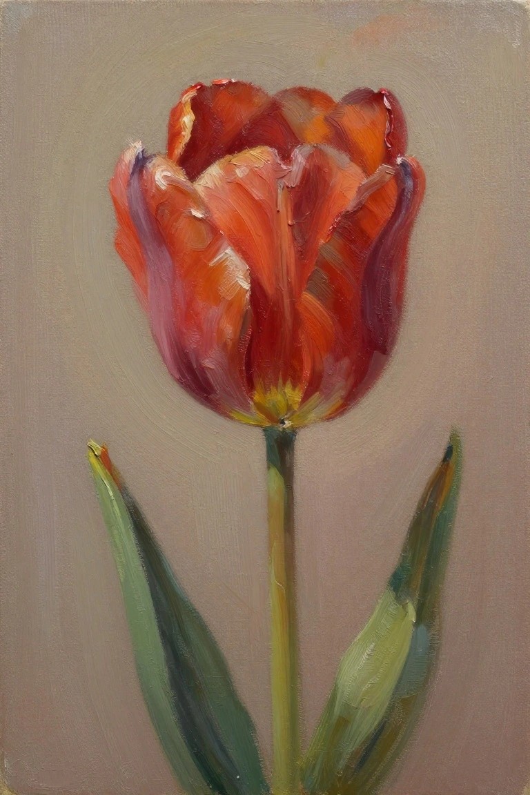 Oil painting of a single red-orange tulip on a green stem with two leaves against a neutral beige background.