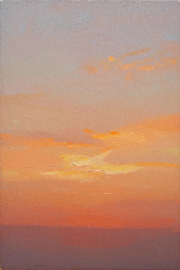 Vertical oil painting of a gradient sunset sky blending from pale pink to deep orange with soft clouds and yellow highlights.