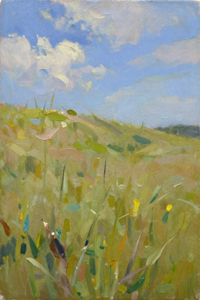Oil painting of rolling green hills covered in tall textured grasses and yellow wildflowers under a blue sky with fluffy white clouds.