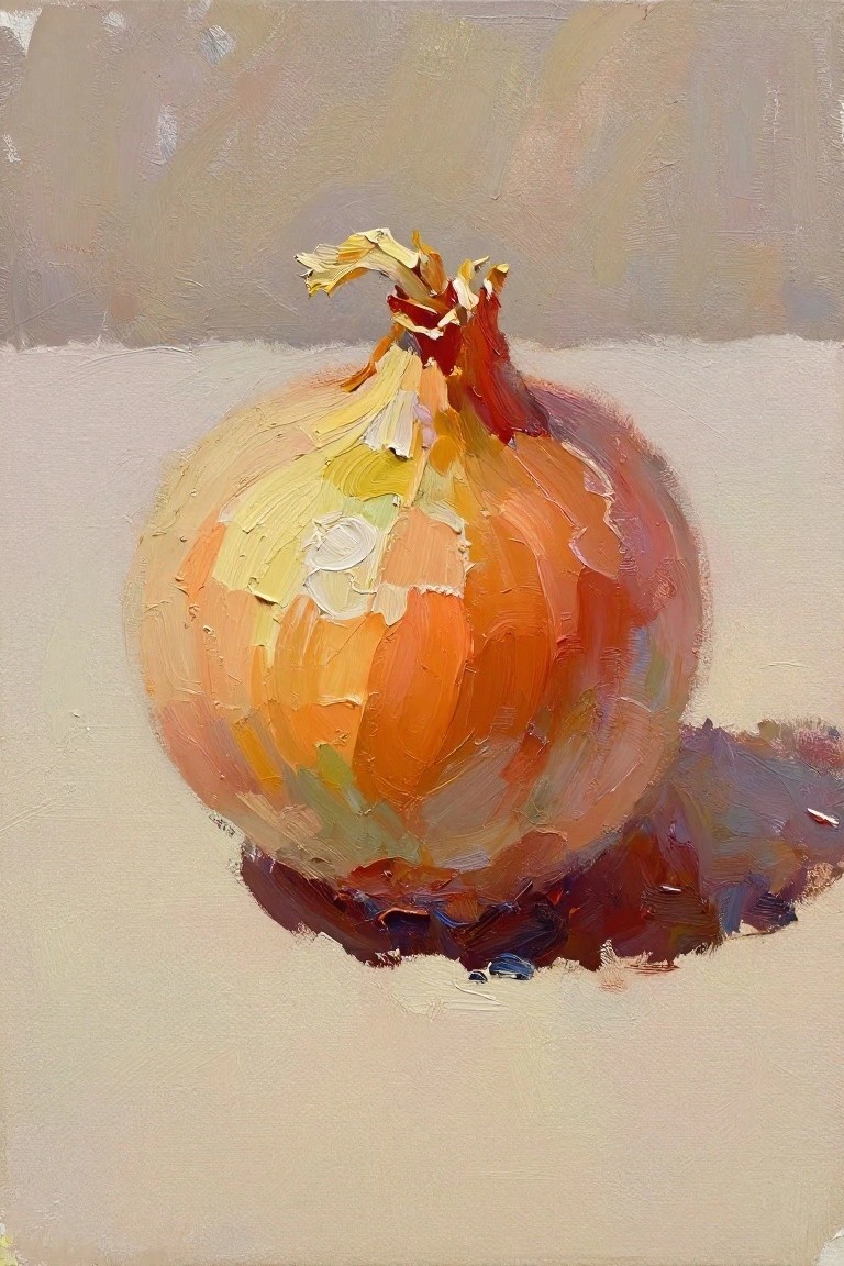 Oil painting of a single textured onion with peeling yellow papery top, orange body, soft shadow on beige background.