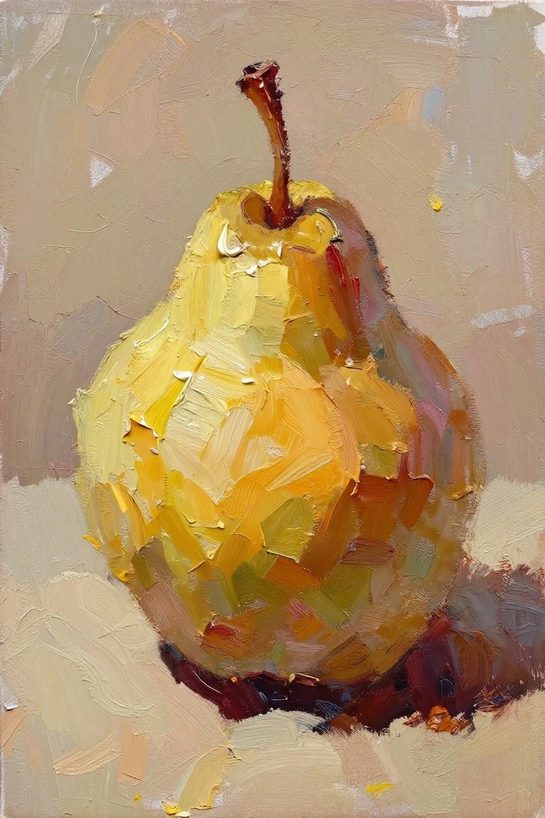 Oil painting of a yellow pear with thick, textured impasto brushstrokes on a neutral background.