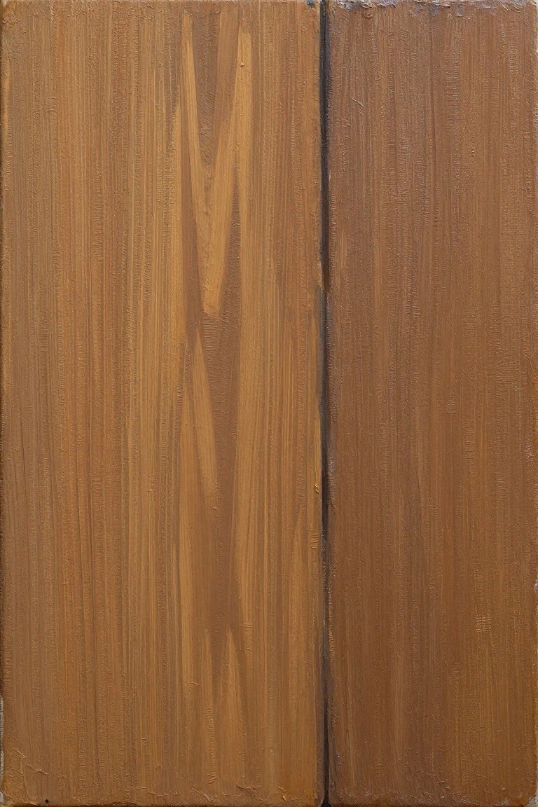 Oil painting depicting two adjacent vertical wood panels with realistic brown grain patterns and textured brushwork.