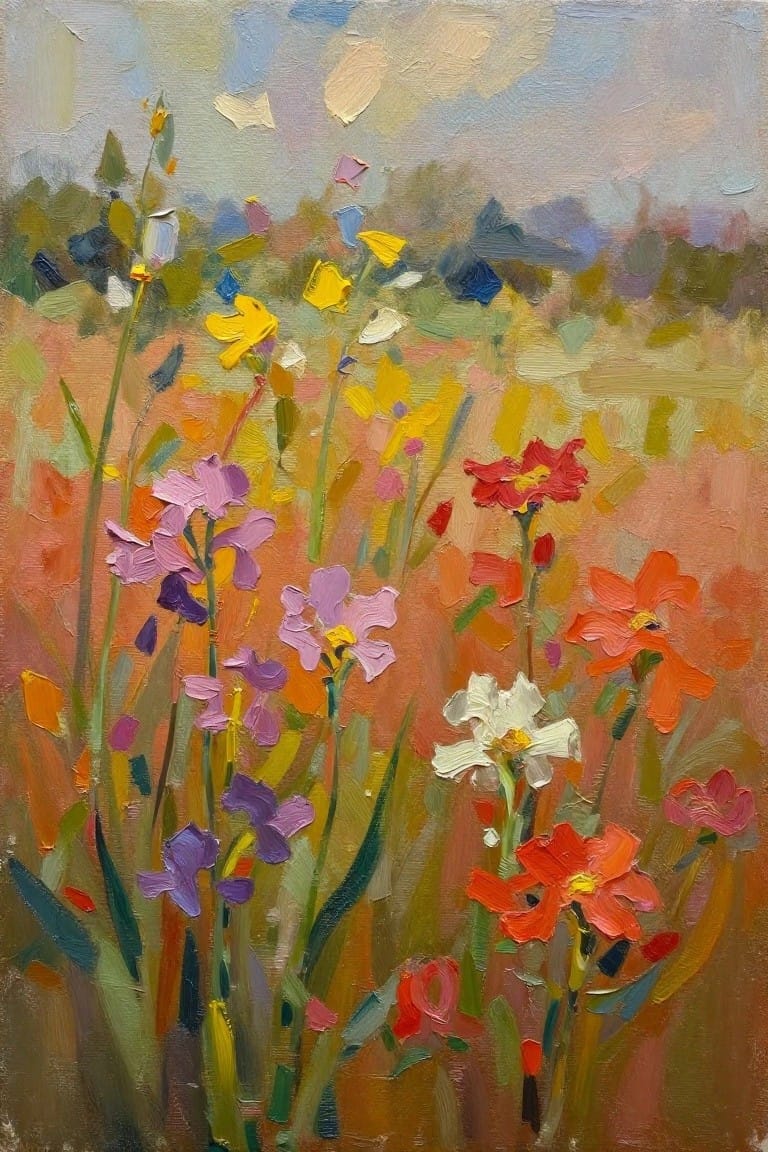 Oil painting of mixed colorful wildflowers including purples, reds, yellows, and whites in a field with warm grasses and distant sky.