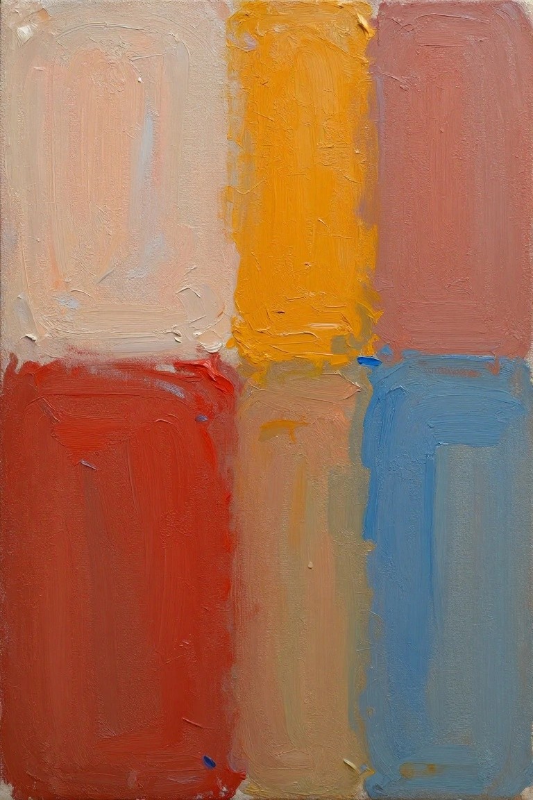 Abstract oil painting divided into six vertical color stripes with textured impasto in pinks, yellows, reds, tans, and blues.