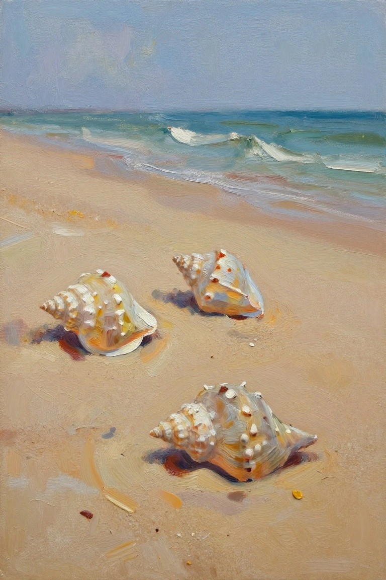 Oil painting of three large conch shells on sandy beach with ocean waves and blue sky in the background.