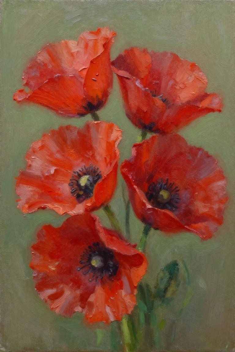 Oil painting of five red poppies with black centers and green stems against a sage green background.