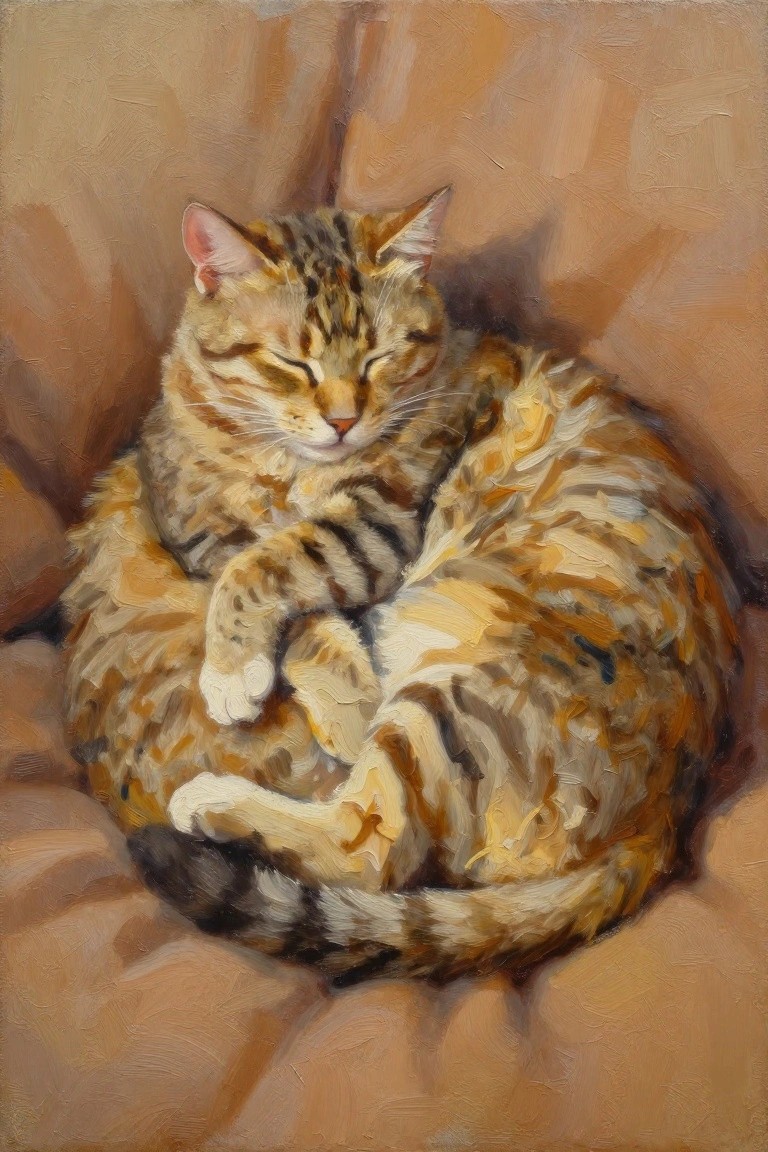 Oil painting of a sleeping tabby cat curled up on a tan cushion with textured fur and soft blending.