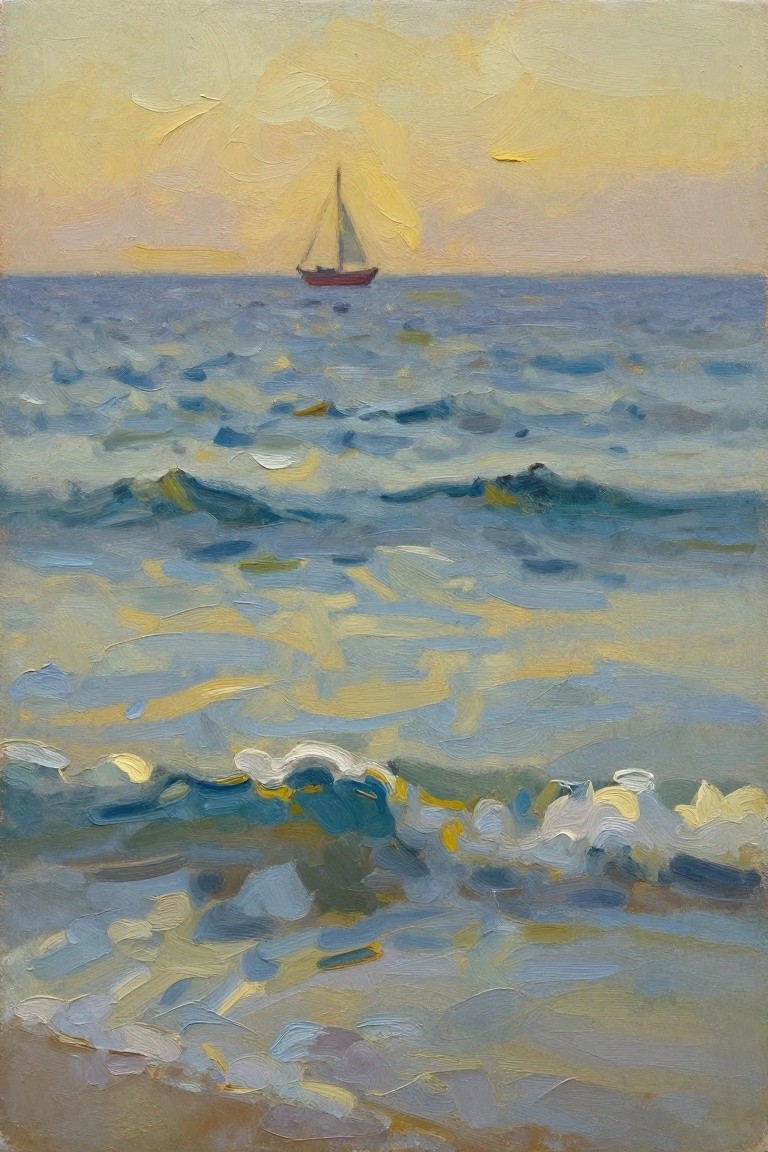 Oil painting depicting a small red sailboat on blue waves at sunset with a yellow sky, beach foreground, and impressionistic brushwork.