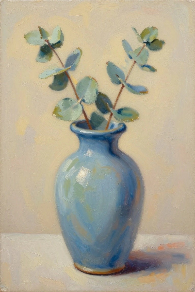 Oil painting of eucalyptus branches in a blue vase on a beige surface with soft lighting.