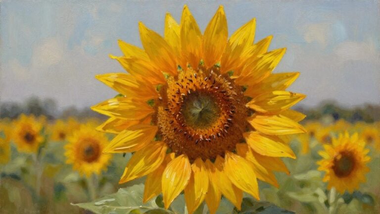 Oil painting of a close-up sunflower featuring vibrant yellow petals, textured brown center, and soft green background.