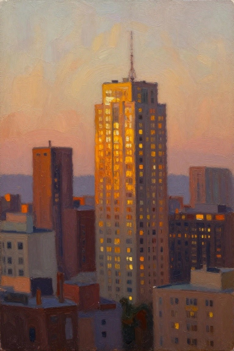 Oil painting of a twilight cityscape featuring a central skyscraper with warm glowing windows amid cooler-toned buildings and a sunset sky.
