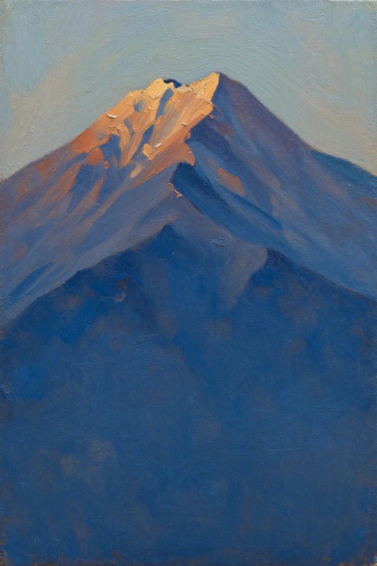 Oil painting of a centered mountain peak with orange-gold highlights on the summit ridges fading into blue-purple shadows below against a light blue sky.