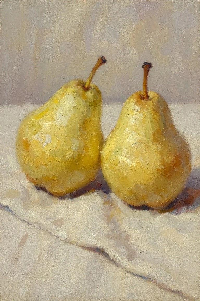 Oil painting of two yellow pears with stems on a white draped cloth against a light neutral background.