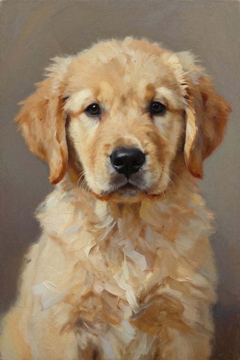Oil painting portrait of a fluffy golden retriever puppy sitting against a gray background.